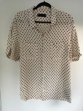 All Saints Beige Short Sleeve Button-Up Shirt with Black Heart Print